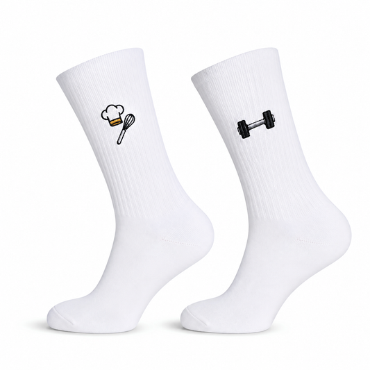 heldy Freizeitpack – bestickte Socken mit Hantel- und Kochmützen-Motiv im Set | heldy